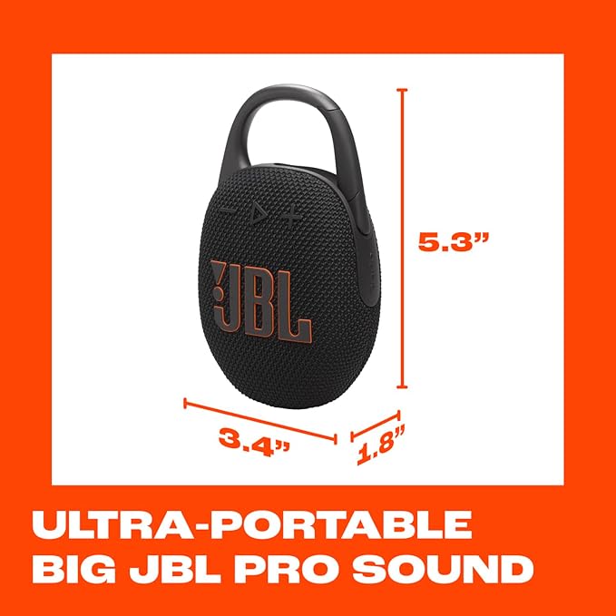 JBL Clip 5 - Ultra-Portable, Waterproof and Dustproof Bluetooth Speaker, Integrated Carabiner, Up to 12 Hours of Play, Made in Part with Recycled Materials - Black