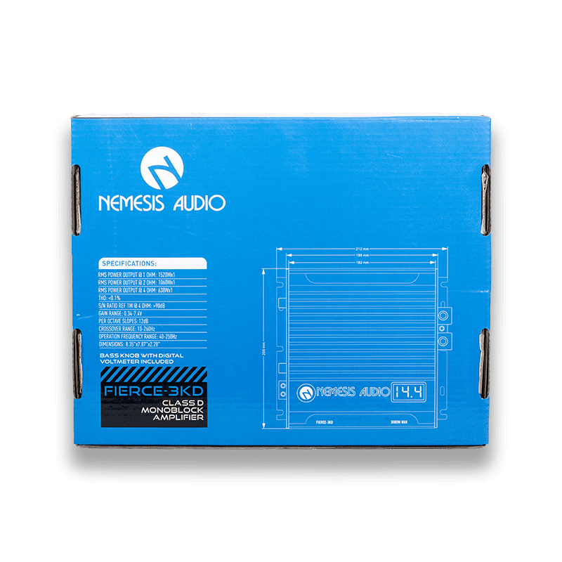 FIERCE-3KD Monoblock Amplifier 1 Channel, 1-Ohm Stable, 3000W Max, Car Audio, Class D, Digital Voltmeter, Fierce Series, Fierce-3KD, Monoblock, Nemesis Audio