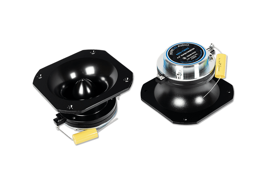 Nemesis Audio NEO-TW83 4.5″ super tweeter pair 350W RMS (pair) neodymium tweeter, 1.75″ voice coil, 110dB sensitivity, sharp, efficient highs.