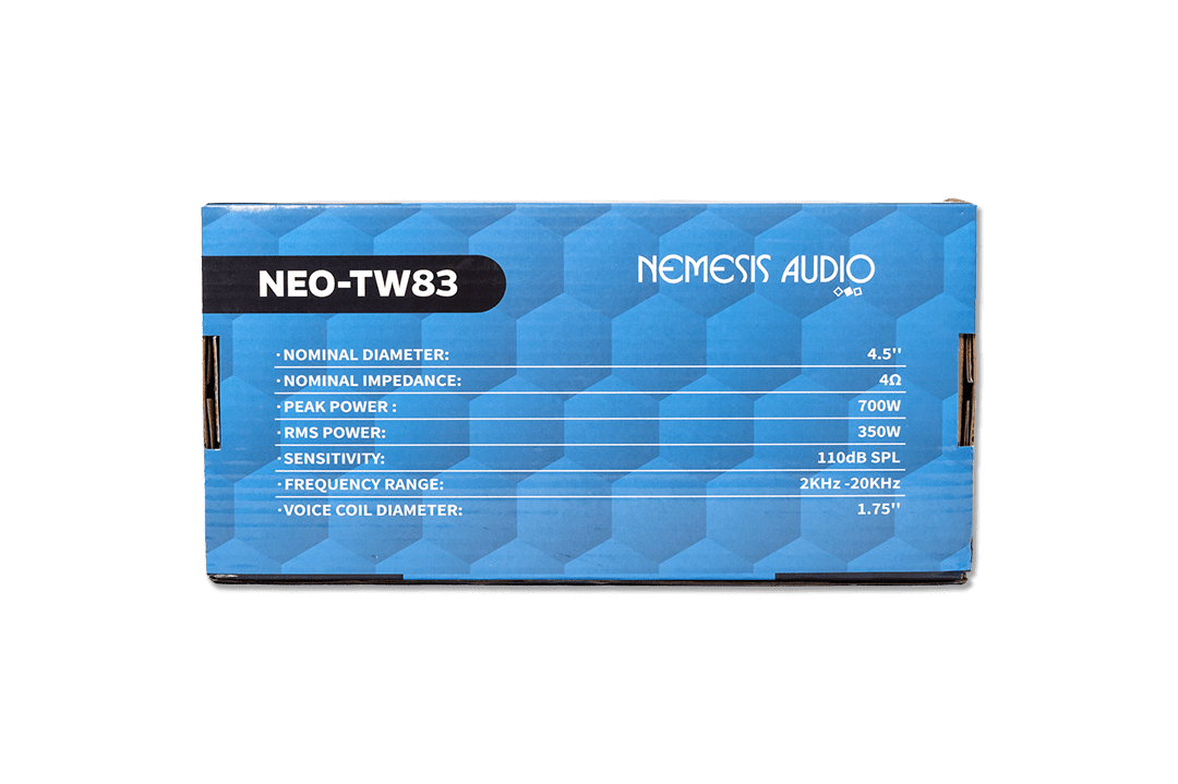 Nemesis Audio NEO-TW83 4.5″ super tweeter pair 350W RMS (pair) neodymium tweeter, 1.75″ voice coil, 110dB sensitivity, sharp, efficient highs.