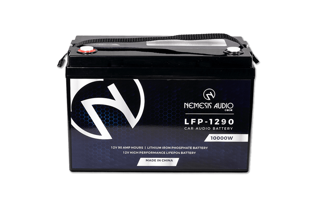 Nemesis Audio LFP-1290 12V 90Ah LiFePO4 battery with 10,000W rating. Heavy-duty lithium power for extreme systems.