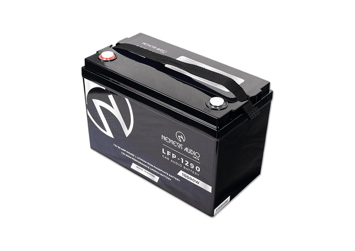 Nemesis Audio LFP-1290 12V 90Ah LiFePO4 battery with 10,000W rating. Heavy-duty lithium power for extreme systems.