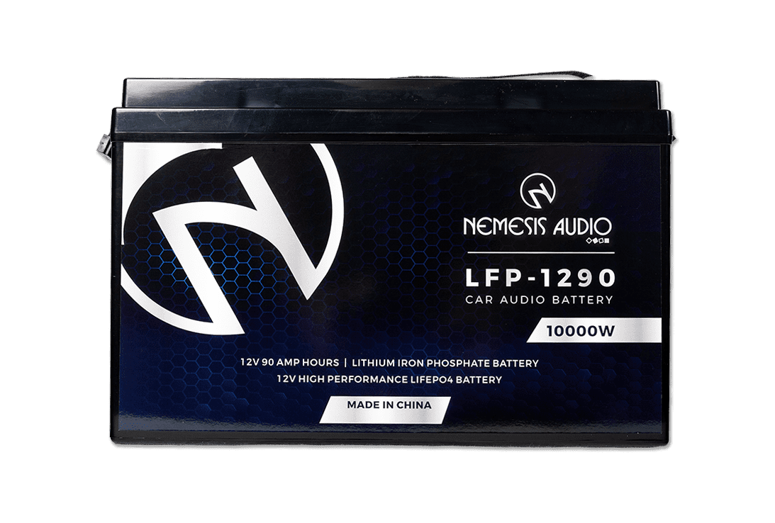 Nemesis Audio LFP-1290 12V 90Ah LiFePO4 battery with 10,000W rating. Heavy-duty lithium power for extreme systems.