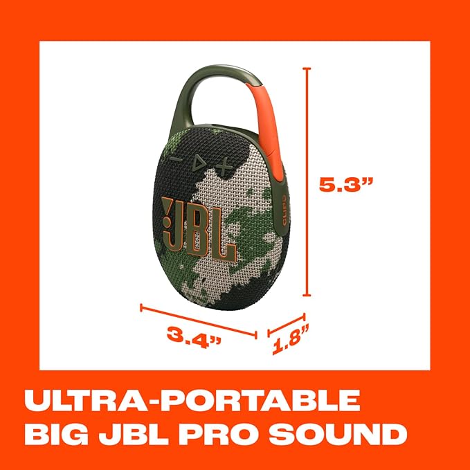 JBL Clip 5 - Ultra-Portable, Waterproof and Dustproof Bluetooth Speaker, Integrated Carabiner, Up to 12 Hours of Play, Made in Part with Recycled Materials - Squad