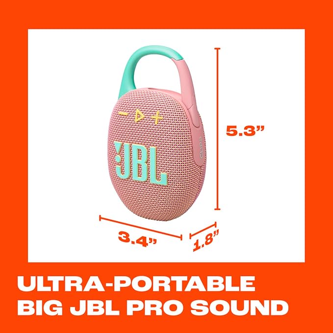 JBL Clip 5 - Ultra-Portable, Waterproof and Dustproof Bluetooth Speaker, Integrated Carabiner, Up to 12 Hours of Play, Made in Part with Recycled Materials - Pink