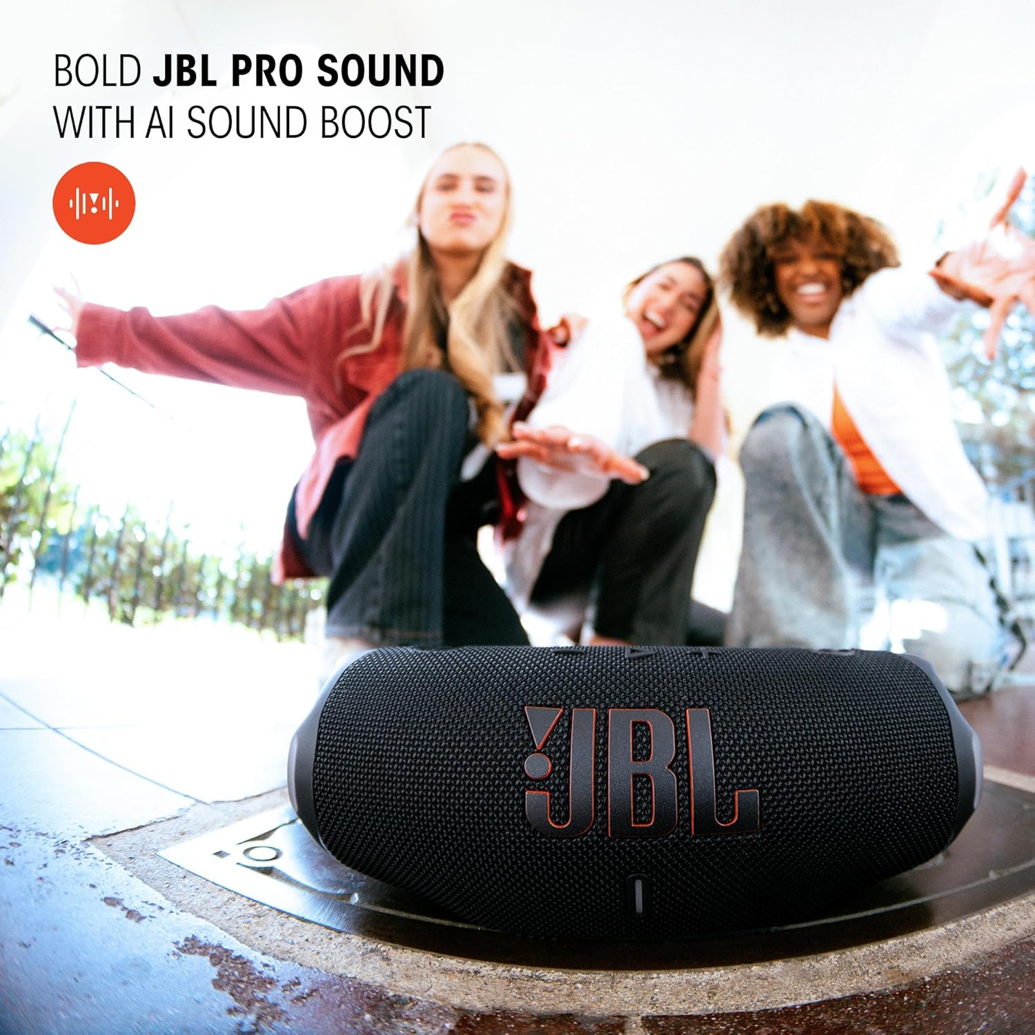 JBL Charge 6 - Portable Waterproof & Drop-Proof Bluetooth Speaker, Bold Pro Sound with AI Sound Boost, 28Hrs of Playtime, Built-in powerbank & Comes with a Sturdy/Removable Carrying Strap - Black