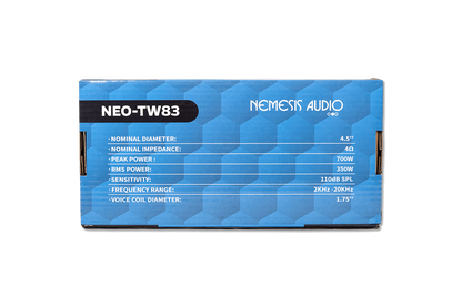 Nemesis Audio NEO-TW83 4.5″ super tweeter pair 350W RMS (pair) neodymium tweeter, 1.75″ voice coil, 110dB sensitivity, sharp, efficient highs.