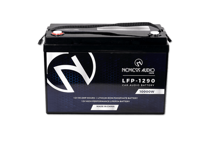 Nemesis Audio LFP-1290 12V 90Ah LiFePO4 battery with 10,000W rating. Heavy-duty lithium power for extreme systems.