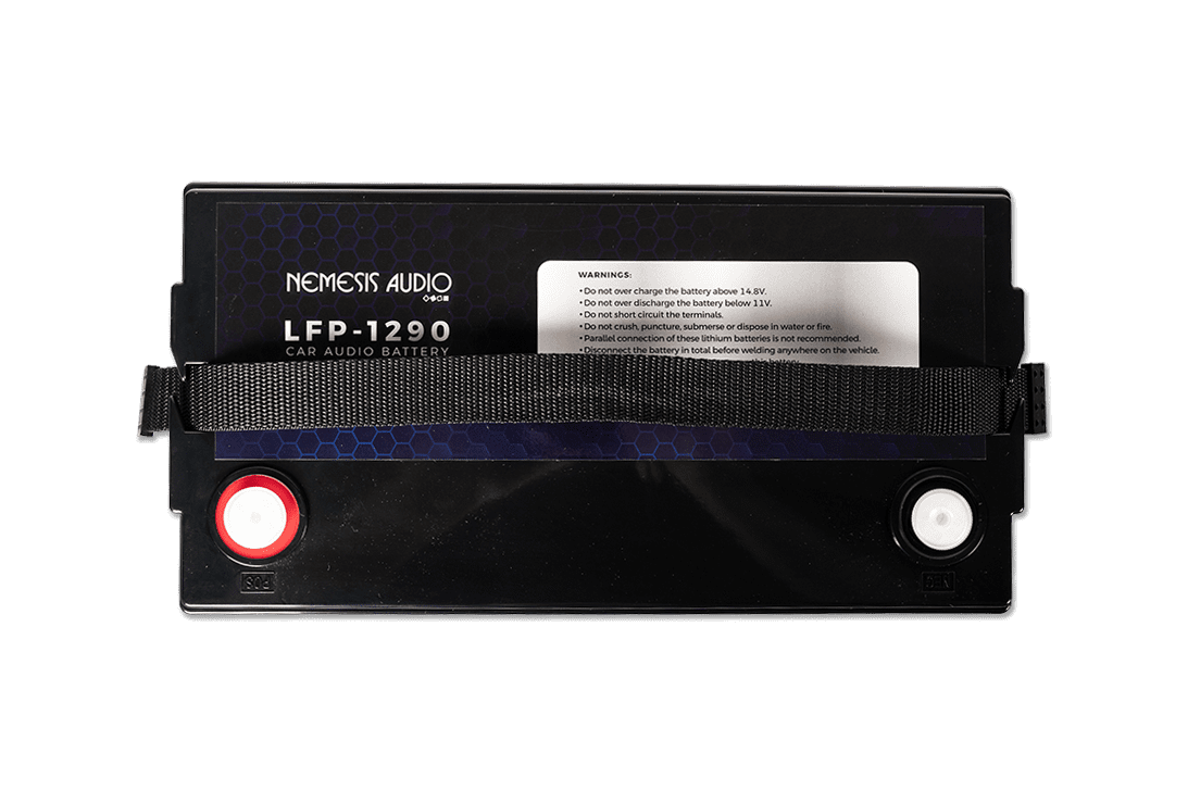 Nemesis Audio LFP-1290 12V 90Ah LiFePO4 battery with 10,000W rating. Heavy-duty lithium power for extreme systems.