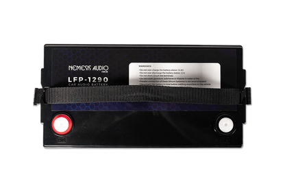 Nemesis Audio LFP-1290 12V 90Ah LiFePO4 battery with 10,000W rating. Heavy-duty lithium power for extreme systems.