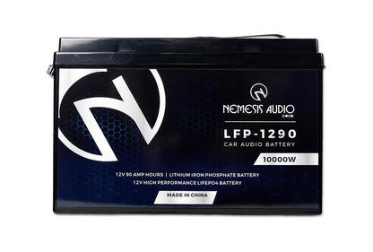 Nemesis Audio LFP-1290 12V 90Ah LiFePO4 battery with 10,000W rating. Heavy-duty lithium power for extreme systems.