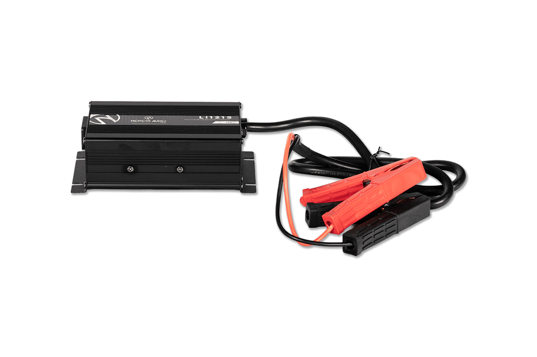Nemesis Audio Li-1215 12V lithium charger with 15A capacity. Safe, efficient charging for Nemesis LiFePO4 batteries.