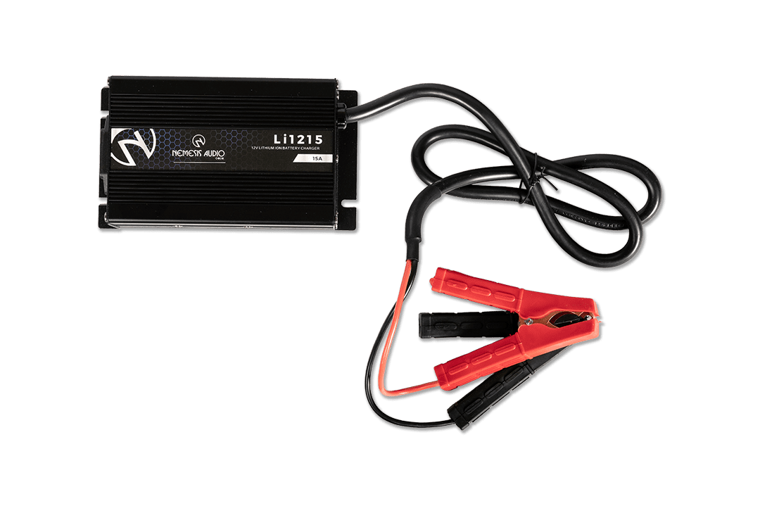 Nemesis Audio Li-1215 12V lithium charger with 15A capacity. Safe, efficient charging for Nemesis LiFePO4 batteries.