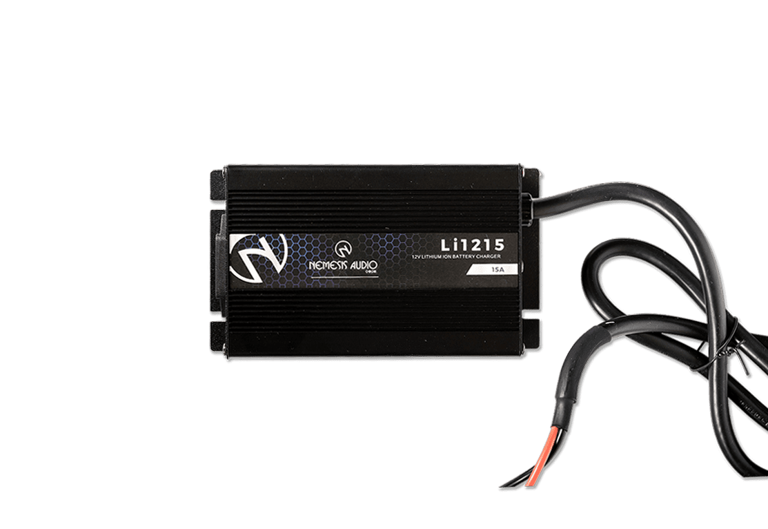 Nemesis Audio Li-1215 12V lithium charger with 15A capacity. Safe, efficient charging for Nemesis LiFePO4 batteries.